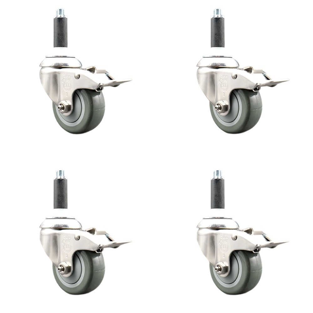 Polyurethane Swivel Stem Caster Set of 4 with 3.5 Inch Gray Caster Wheels - 7/8" Expanding Stems - 316 Stainless Steel Casters - Includes 4 Swivel Casters with Total Lock Brakes- Service Caster Brand — photo 1