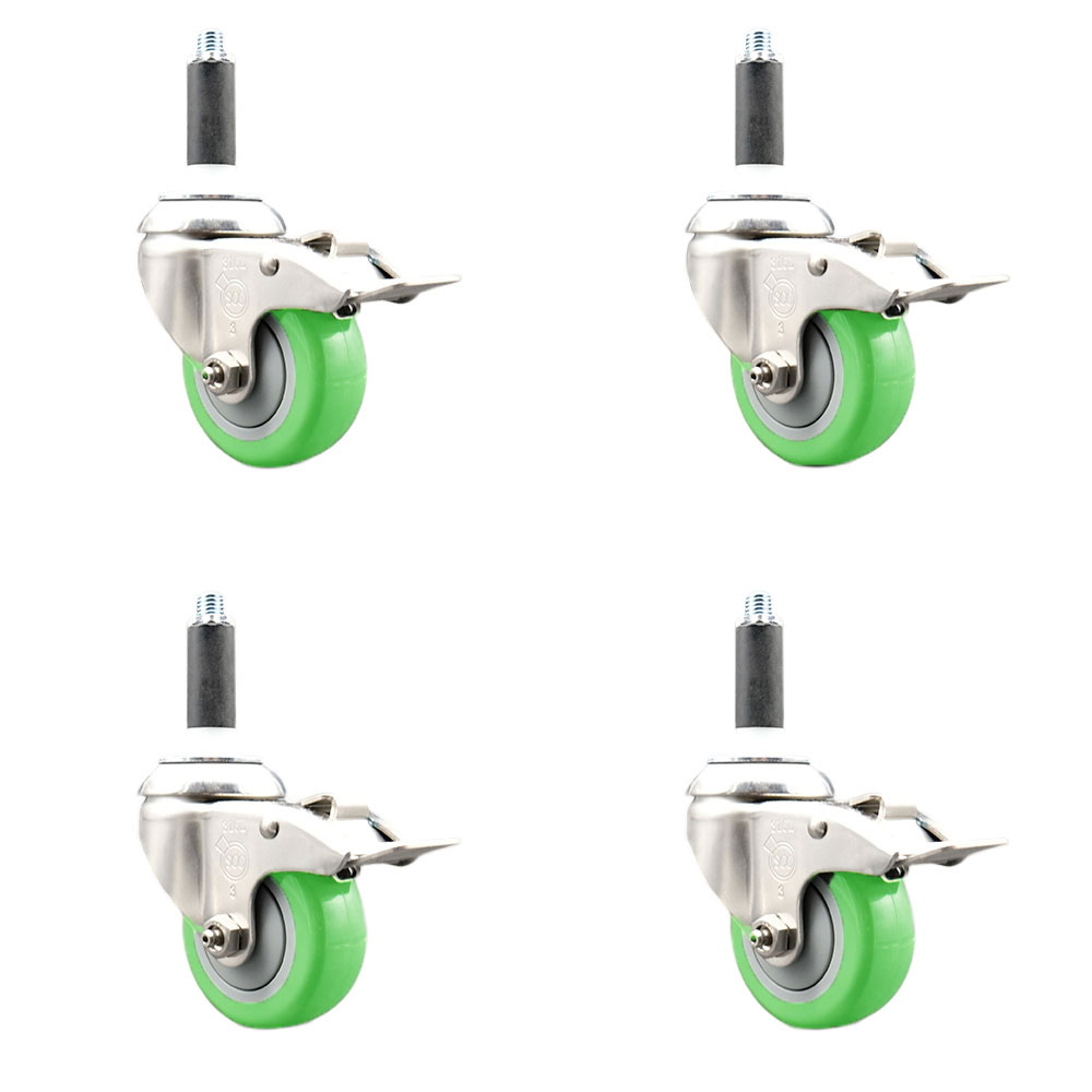 Polyurethane Swivel Stem Caster Set of 4 with 3.5 Inch Green Caster Wheels - 7/8" Expanding Stems - 316 Stainless Steel Casters - Includes 4 Swivel Casters with Total Lock Brakes- Service Caster Brand — photo 1