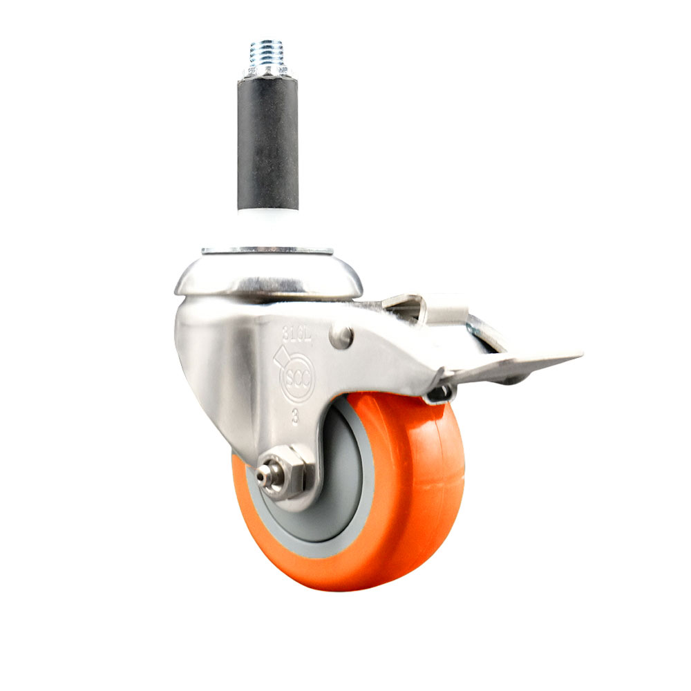 Polyurethane Swivel Stem Caster with 3.5 Inch Orange Caster Wheel and Total Lock Brake - 7/8" Expanding Stem - 316 Stainless Steel Caster - 300 lbs. Capacity Per Caster - Service Caster Brand — photo 1