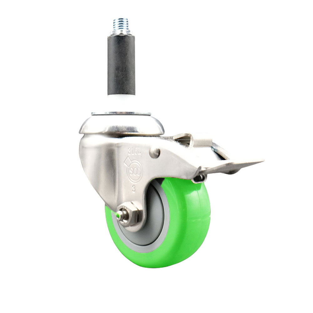 Polyurethane Swivel Stem Caster with 3.5 Inch Green Caster Wheel and Total Lock Brake - 7/8" Expanding Stem - 316 Stainless Steel Caster - 300 lbs. Capacity Per Caster - Service Caster Brand — photo 1
