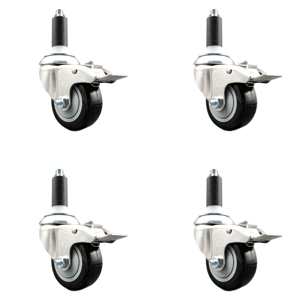 Polyurethane Swivel Stem Caster Set of 4 with 3 Inch Black Caster Wheels - 1" Expanding Stems - 316 Stainless Steel Casters - Includes 4 Swivel Casters with Total Lock Brakes- Service Caster Brand — photo 1