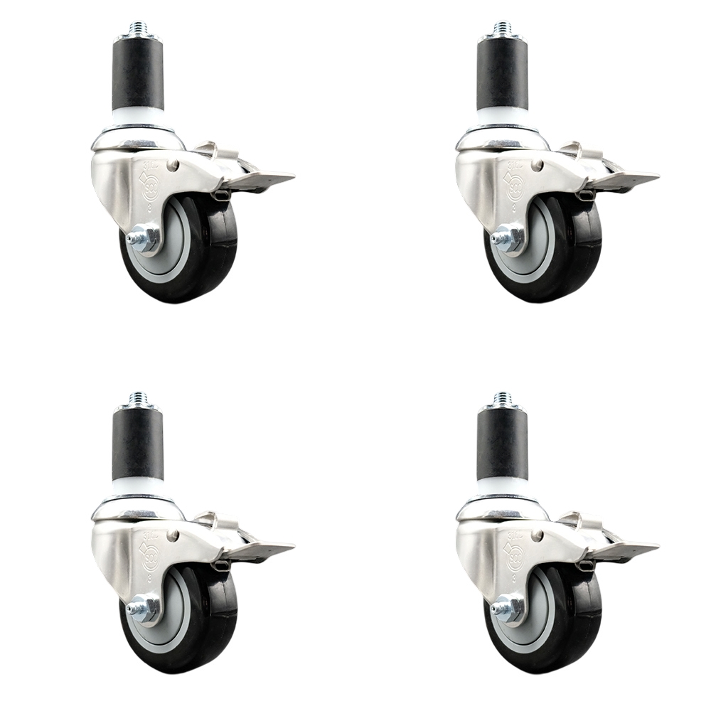 Polyurethane Swivel Stem Caster Set of 4 with 3 Inch Black Caster Wheels - 1-1/2" Expanding Stems - 316 Stainless Steel Casters - Includes 4 Swivel Casters with Total Lock Brakes- Service Caster Brand — photo 1