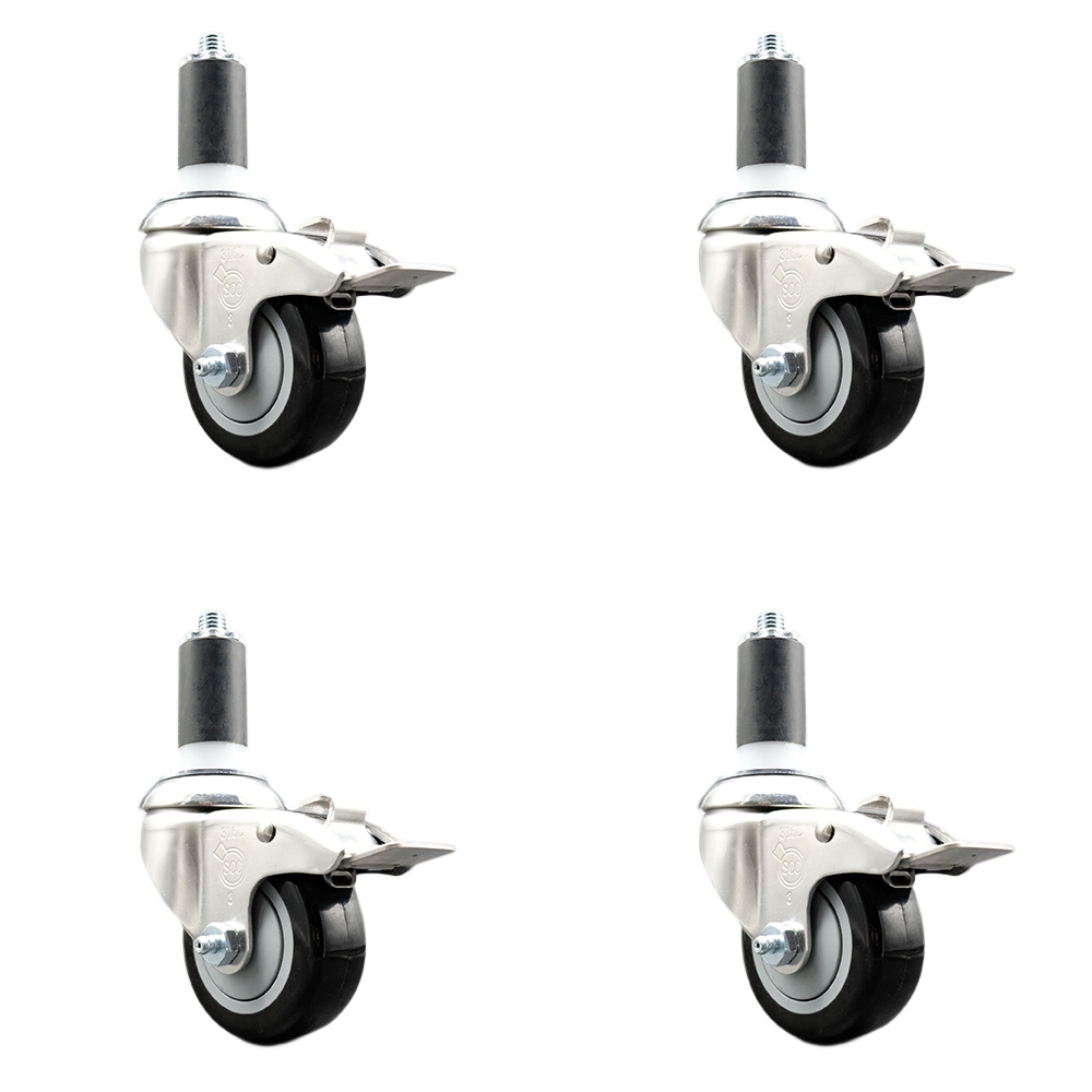 Polyurethane Swivel Stem Caster Set of 4 with 3 Inch Black Caster Wheels - 1-1/4" Expanding Stems - 316 Stainless Steel Casters - Includes 4 Swivel Casters with Total Lock Brakes- Service Caster Brand — photo 1