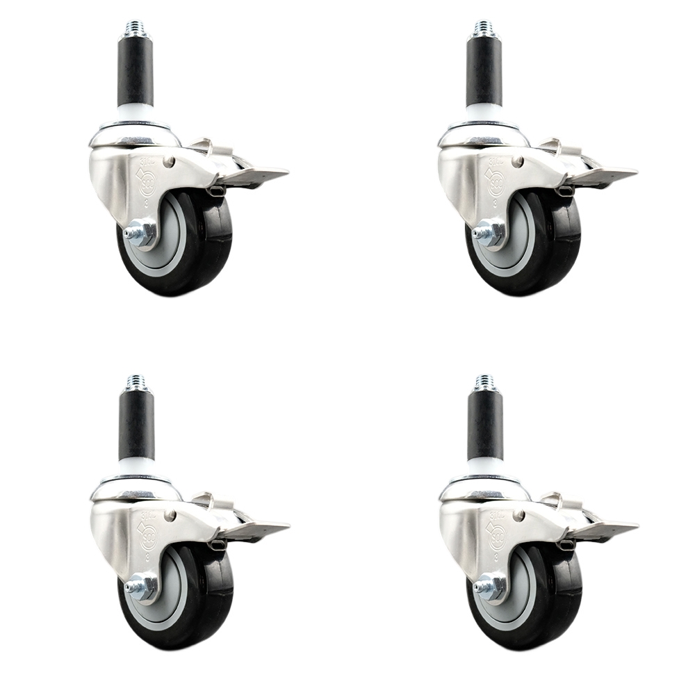 Polyurethane Swivel Stem Caster Set of 4 with 3 Inch Black Caster Wheels - 1-1/8" Expanding Stems - 316 Stainless Steel Casters - Includes 4 Swivel Casters with Total Lock Brakes- Service Caster Brand — photo 1