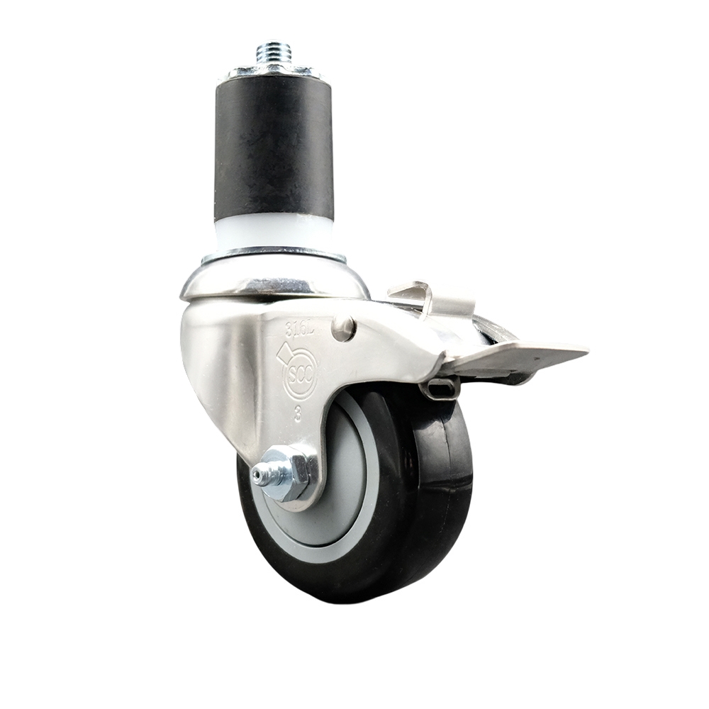 Polyurethane Swivel Stem Caster with 3.5 Inch Black Caster Wheel and Total Lock Brake - 1-3/4" Expanding Stem - 316 Stainless Steel Caster - 300 lbs. Capacity Per Caster - Service Caster Brand — photo 1