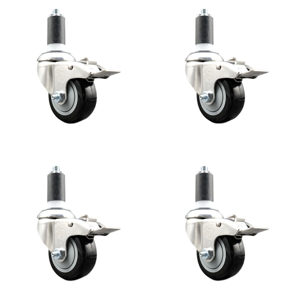 Polyurethane Swivel Stem Caster Set of 4 with 3 Inch Black Caster Wheels - 1-3/8" Expanding Stems - 316 Stainless Steel Casters - Includes 4 Swivel Casters with Total Lock Brakes- Service Caster Brand — photo 1