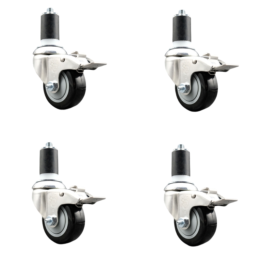 Polyurethane Swivel Stem Caster Set of 4 with 3 Inch Black Caster Wheels - 1-5/8" Expanding Stems - 316 Stainless Steel Casters - Includes 4 Swivel Casters with Total Lock Brakes- Service Caster Brand — photo 1