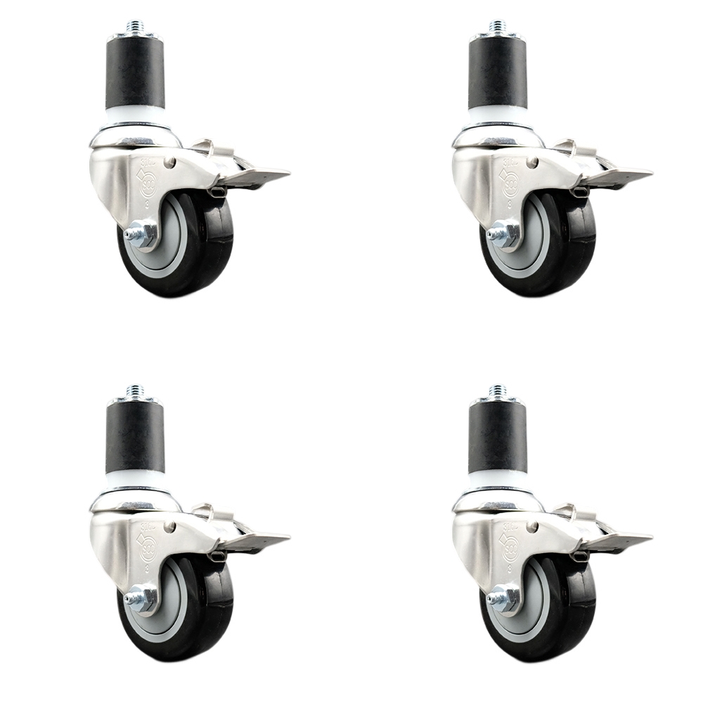Polyurethane Swivel Stem Caster Set of 4 with 3 Inch Black Caster Wheels - 1-7/8" Expanding Stems - 316 Stainless Steel Casters - Includes 4 Swivel Casters with Total Lock Brakes- Service Caster Brand — photo 1