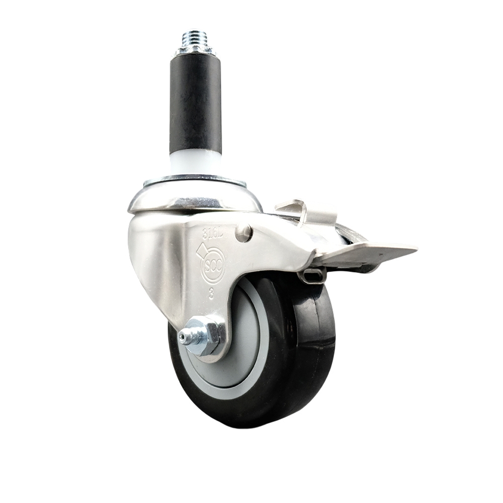 Polyurethane Swivel Stem Caster with 3.5 Inch Black Caster Wheel and Total Lock Brake - 1" Expanding Stem - 316 Stainless Steel Caster - 300 lbs. Capacity Per Caster - Service Caster Brand — photo 1