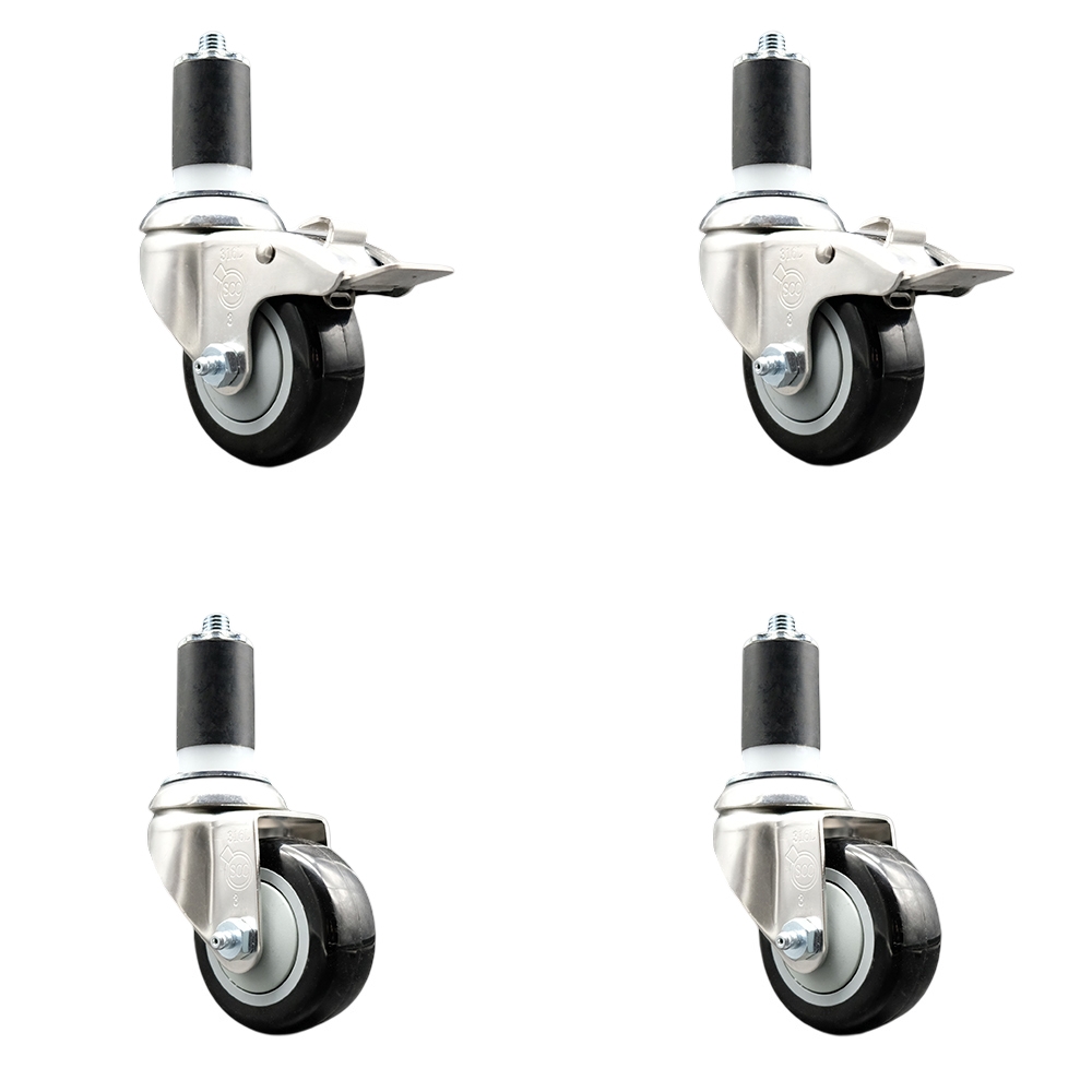 Polyurethane Swivel Stem Caster Set of 4 with 3 Inch Black Caster Wheels - 1-1/2" Expanding Stem -316 Stainless Steel Casters-Includes 2 Swivel with Total Lock Brakes and 2 Swivel-Service Caster Brand — photo 1