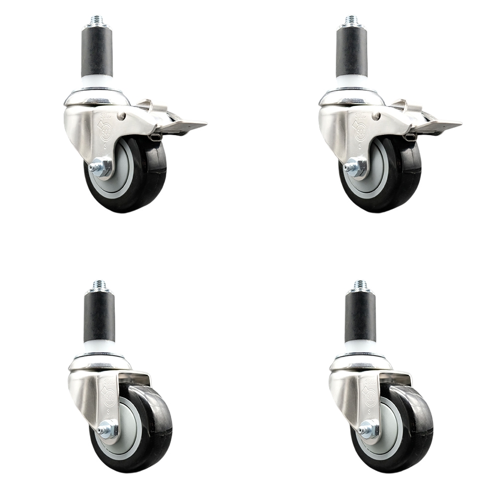Polyurethane Swivel Stem Caster Set of 4 with 3 Inch Black Caster Wheels - 1-1/4" Expanding Stem -316 Stainless Steel Casters-Includes 2 Swivel with Total Lock Brakes and 2 Swivel-Service Caster Brand — photo 1