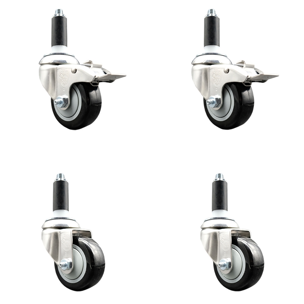 Polyurethane Swivel Stem Caster Set of 4 with 3 Inch Black Caster Wheels - 1-1/8" Expanding Stem -316 Stainless Steel Casters-Includes 2 Swivel with Total Lock Brakes and 2 Swivel-Service Caster Brand — photo 1