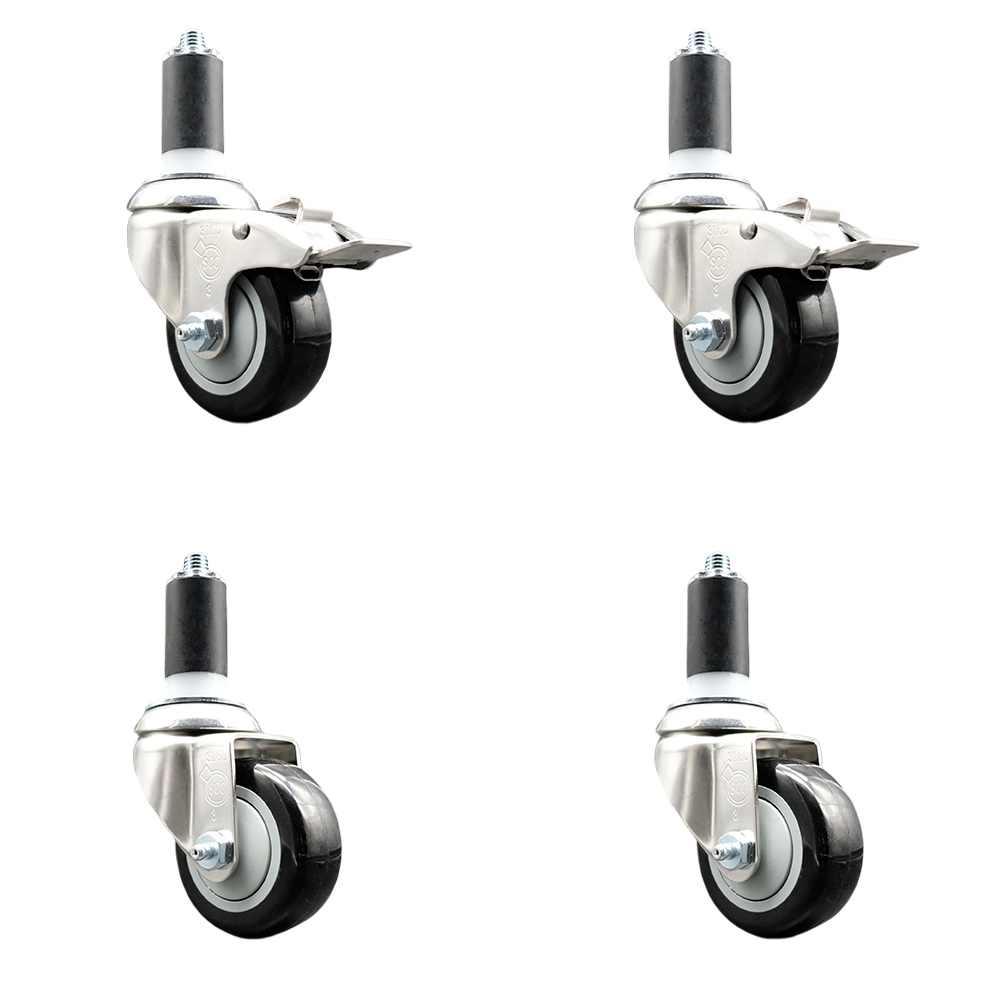 Polyurethane Swivel Stem Caster Set of 4 with 3.5 Inch Black Caster Wheels- 1-3/8" Expanding Stem-316 Stainless Steel Casters-Includes 2 Swivel with Total Lock Brakes and 2 Swivel-Service Caster Brand — photo 1
