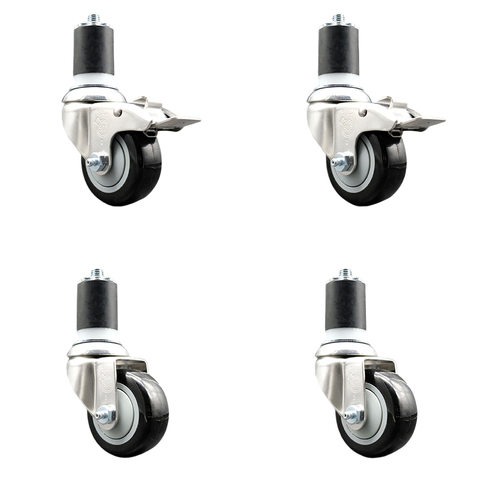 Polyurethane Swivel Stem Caster Set of 4 with 3 Inch Black Caster Wheels - 1-3/4" Expanding Stem -316 Stainless Steel Casters-Includes 2 Swivel with Total Lock Brakes and 2 Swivel-Service Caster Brand — photo 1