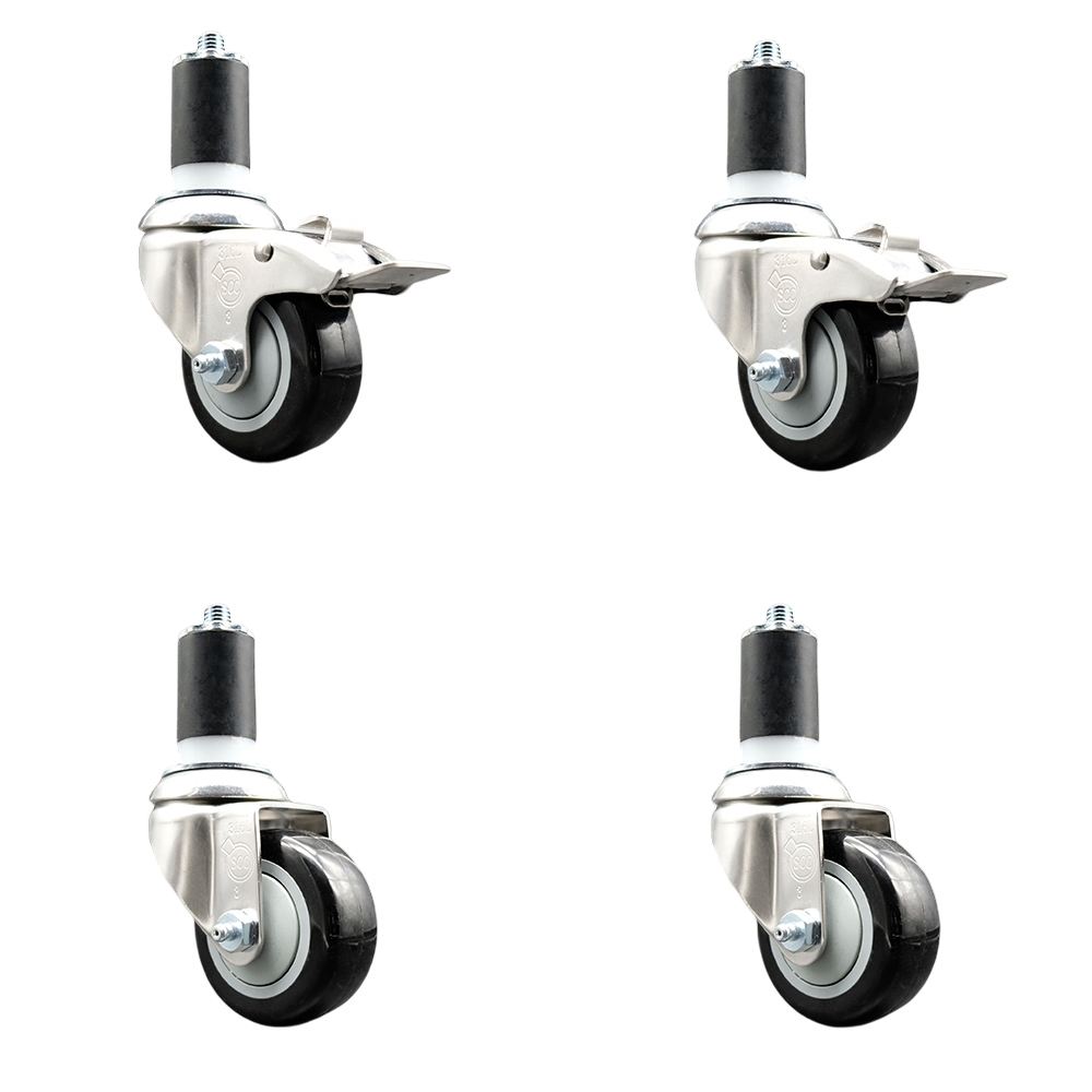 Polyurethane Swivel Stem Caster Set of 4 with 3 Inch Black Caster Wheels - 1-5/8" Expanding Stem -316 Stainless Steel Casters-Includes 2 Swivel with Total Lock Brakes and 2 Swivel-Service Caster Brand — photo 1