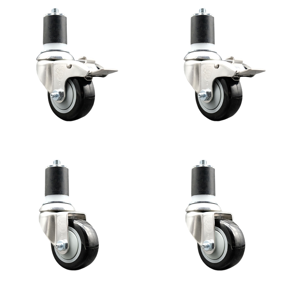 Polyurethane Swivel Stem Caster Set of 4 with 3 Inch Black Caster Wheels - 1-7/8" Expanding Stem -316 Stainless Steel Casters-Includes 2 Swivel with Total Lock Brakes and 2 Swivel-Service Caster Brand — photo 1