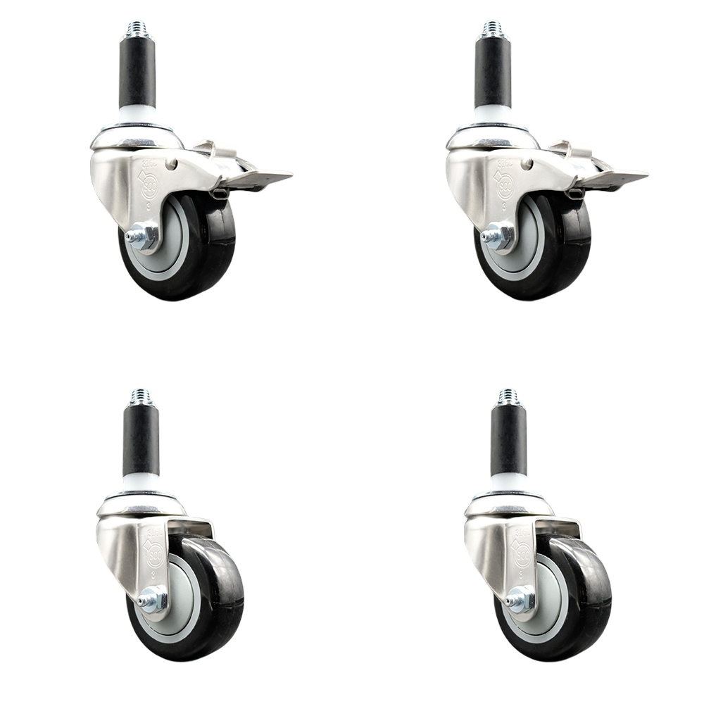 Polyurethane Swivel Stem Caster Set of 4 with 3 Inch Black Caster Wheels - 1" Expanding Stem -316 Stainless Steel Casters - Includes 2 Swivel with Total Lock Brakes and 2 Swivel - Service Caster Brand — photo 1
