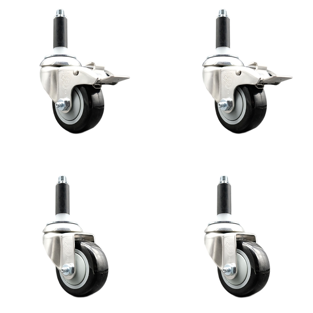Polyurethane Swivel Stem Caster Set of 4 with 3 Inch Black Caster Wheels - 3/4" Expanding Stem -316 Stainless Steel Casters - Includes 2 Swivel with Total Lock Brakes and 2 Swivel-Service Caster Brand — photo 1