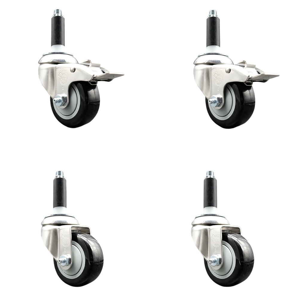 Polyurethane Swivel Stem Caster Set of 4 with 3.5 Inch Black Caster Wheels - 7/8" Expanding Stem -316 Stainless Steel Casters-Includes 2 Swivel with Total Lock Brakes and 2 Swivel-Service Caster Brand — photo 1