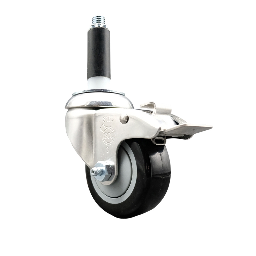 Polyurethane Swivel Stem Caster with 3 Inch Black Caster Wheel and Total Lock Brake - 3/4" Expanding Stem - 316 Stainless Steel Caster - 300 lbs. Capacity Per Caster - Service Caster Brand — photo 1