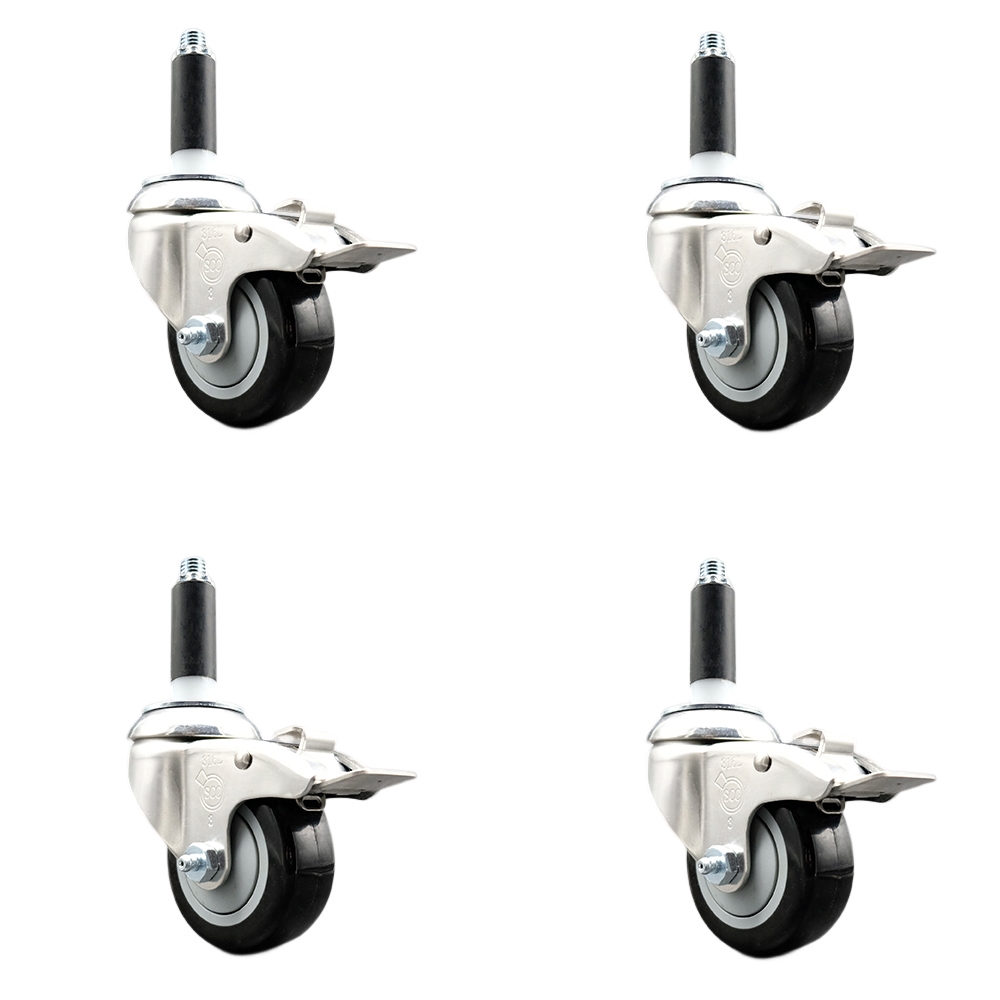 Polyurethane Swivel Stem Caster Set of 4 with 3 Inch Black Caster Wheels - 7/8" Expanding Stems - 316 Stainless Steel Casters - Includes 4 Swivel Casters with Total Lock Brakes - Service Caster Brand — photo 1