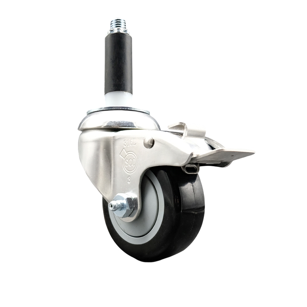 Polyurethane Swivel Stem Caster with 3 Inch Black Caster Wheel and Total Lock Brake - 7/8" Expanding Stem - 316 Stainless Steel Caster - 300 lbs. Capacity Per Caster - Service Caster Brand — photo 1