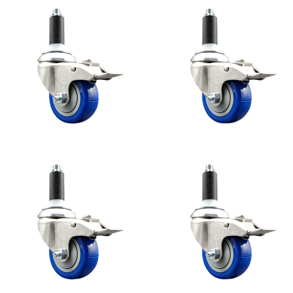 Polyurethane Swivel Stem Caster Set of 4 with 3 Inch Blue Caster Wheels - 1" Expanding Stems - 316 Stainless Steel Casters - Includes 4 Swivel Casters with Total Lock Brakes- Service Caster Brand — photo 1