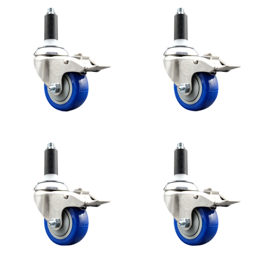Polyurethane Swivel Stem Caster Set of 4 with 3.5 Inch Blue Caster Wheels - 1-1/8" Expanding Stems - 316 Stainless Steel Casters-Includes 4 Swivel Casters with Total Lock Brakes- Service Caster Brand — photo 1