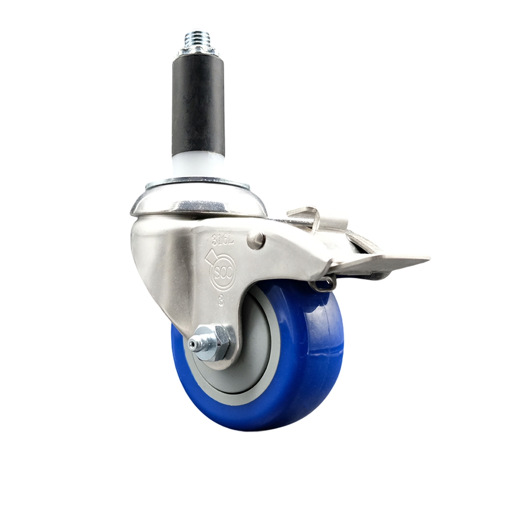 Polyurethane Swivel Stem Caster with 3.5 Inch Blue Caster Wheel and Total Lock Brake - 1-1/8" Expanding Stem - 316 Stainless Steel Caster - 300 lbs. Capacity Per Caster - Service Caster Brand — photo 1