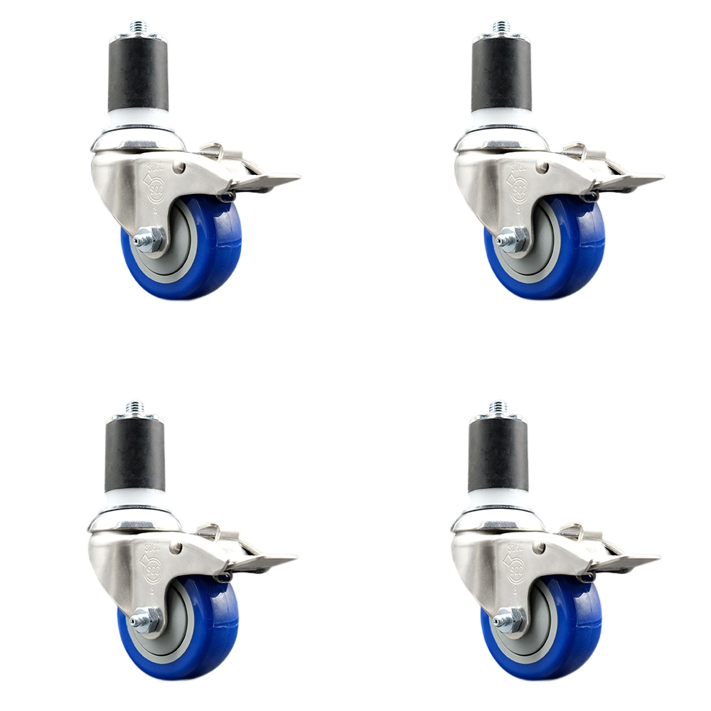 Polyurethane Swivel Stem Caster Set of 4 with 3.5 Inch Blue Caster Wheels - 1-3/4" Expanding Stems - 316 Stainless Steel Casters-Includes 4 Swivel Casters with Total Lock Brakes- Service Caster Brand — photo 1