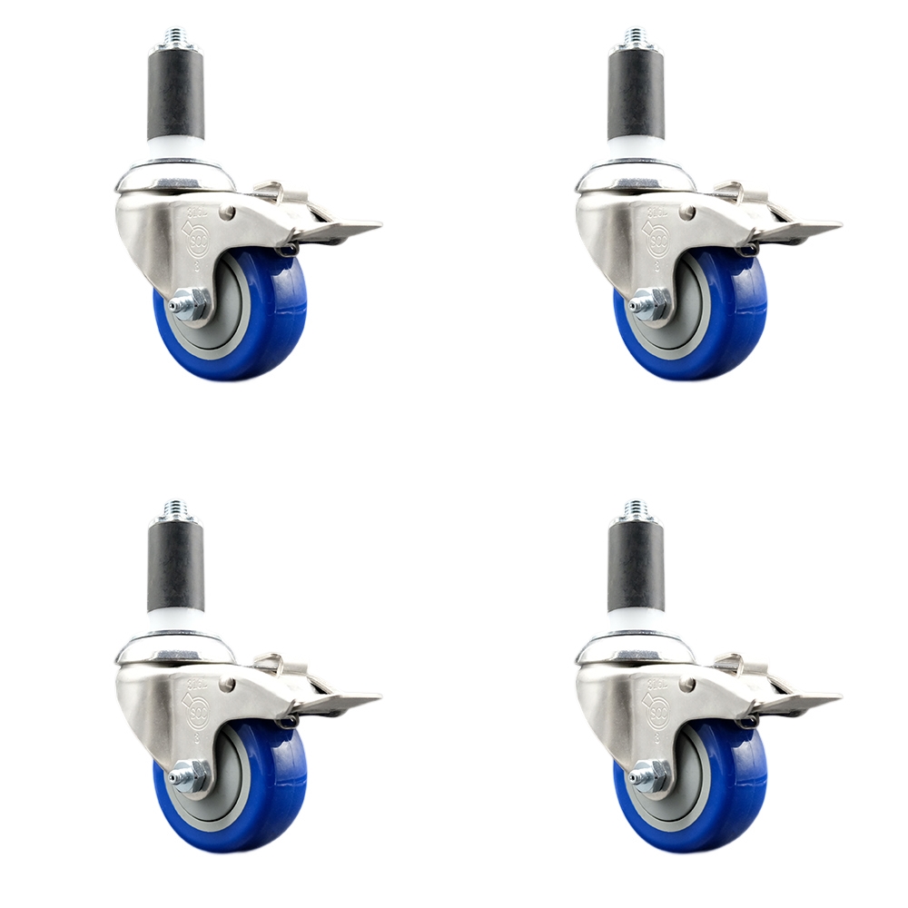 Polyurethane Swivel Stem Caster Set of 4 with 3 Inch Blue Caster Wheels - 1-3/8" Expanding Stems - 316 Stainless Steel Casters - Includes 4 Swivel Casters with Total Lock Brakes- Service Caster Brand — photo 1