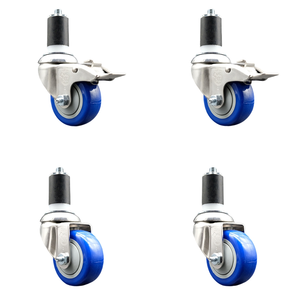 Polyurethane Swivel Stem Caster Set of 4 with 3 Inch Blue Caster Wheels - 1-1/2" Expanding Stem -316 Stainless Steel Casters-Includes 2 Swivel with Total Lock Brakes and 2 Swivel-Service Caster Brand — photo 1