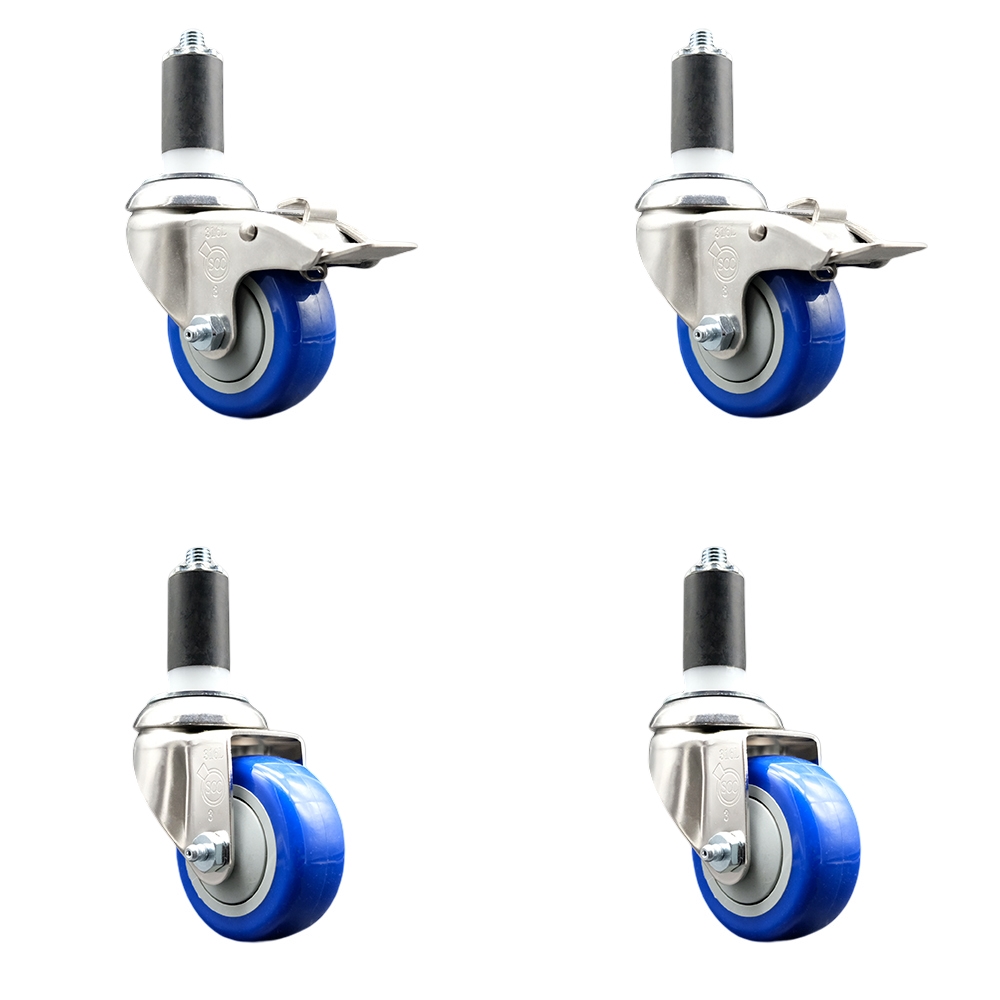 Polyurethane Swivel Stem Caster Set of 4 with 3.5 Inch Blue Caster Wheels- 1-1/4" Expanding Stem-316 Stainless Steel Casters-Includes 2 Swivel with Total Lock Brakes and 2 Swivel-Service Caster Brand — photo 1