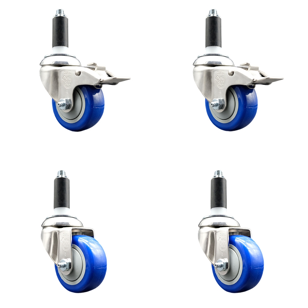 Polyurethane Swivel Stem Caster Set of 4 with 3 Inch Blue Caster Wheels - 1-1/8" Expanding Stem -316 Stainless Steel Casters-Includes 2 Swivel with Total Lock Brakes and 2 Swivel-Service Caster Brand — photo 1