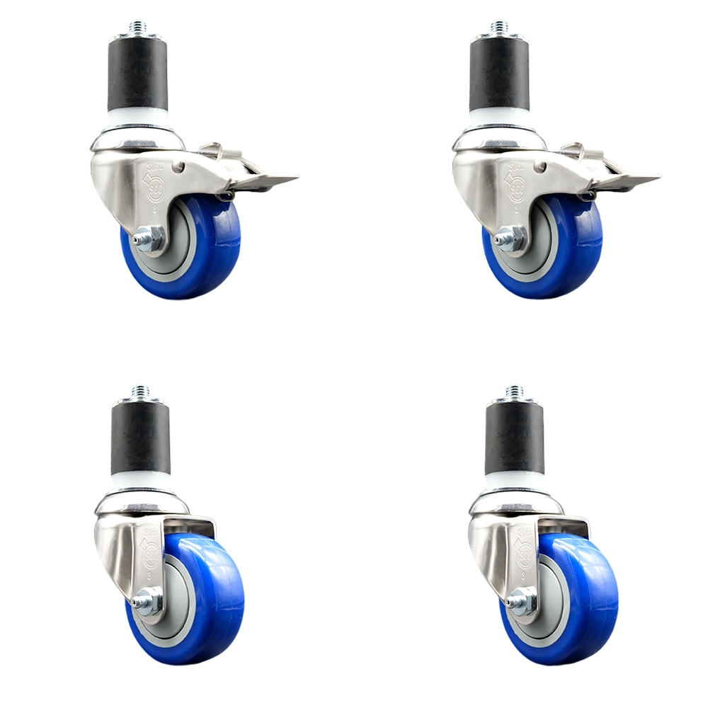 Polyurethane Swivel Stem Caster Set of 4 with 3 Inch Blue Caster Wheels - 1-3/4" Expanding Stem -316 Stainless Steel Casters-Includes 2 Swivel with Total Lock Brakes and 2 Swivel-Service Caster Brand — photo 1