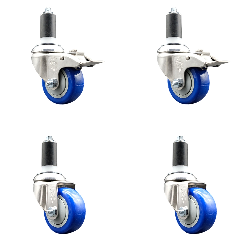 Polyurethane Swivel Stem Caster Set of 4 with 3.5 Inch Blue Caster Wheels- 1-3/8" Expanding Stem-316 Stainless Steel Casters-Includes 2 Swivel with Total Lock Brakes and 2 Swivel-Service Caster Brand — photo 1