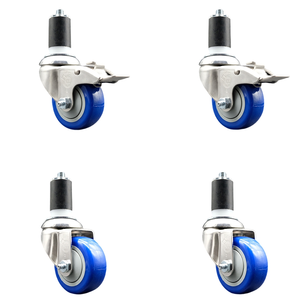Polyurethane Swivel Stem Caster Set of 4 with 3.5 Inch Blue Caster Wheels- 1-5/8" Expanding Stem-316 Stainless Steel Casters-Includes 2 Swivel with Total Lock Brakes and 2 Swivel-Service Caster Brand — photo 1