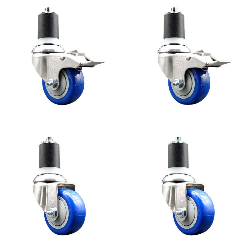 Polyurethane Swivel Stem Caster Set of 4 with 3 Inch Blue Caster Wheels - 1-7/8" Expanding Stem -316 Stainless Steel Casters-Includes 2 Swivel with Total Lock Brakes and 2 Swivel-Service Caster Brand — photo 1