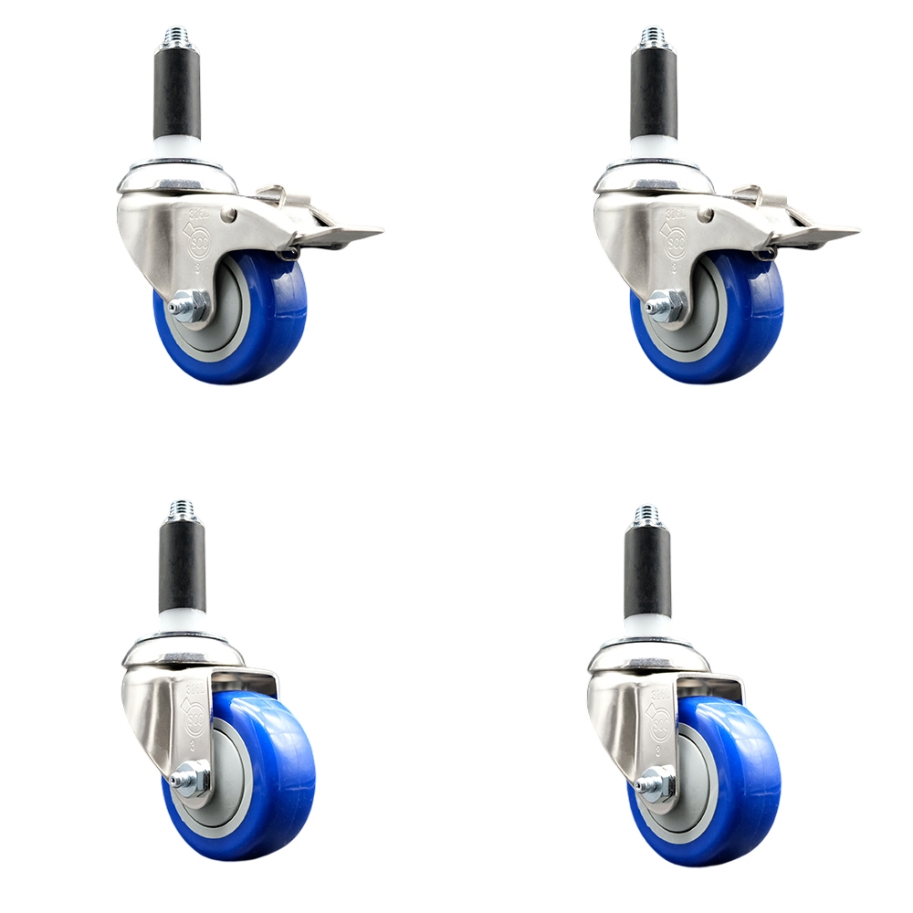 Polyurethane Swivel Stem Caster Set of 4 with 3 Inch Blue Caster Wheels - 1" Expanding Stem -316 Stainless Steel Casters - Includes 2 Swivel with Total Lock Brakes and 2 Swivel - Service Caster Brand — photo 1
