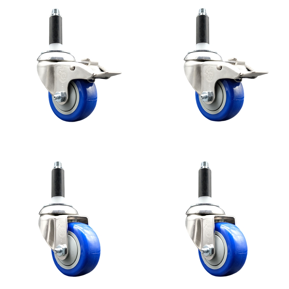 Polyurethane Swivel Stem Caster Set of 4 with 3.5 Inch Blue Caster Wheels - 3/4" Expanding Stem -316 Stainless Steel Casters-Includes 2 Swivel with Total Lock Brakes and 2 Swivel-Service Caster Brand — photo 1