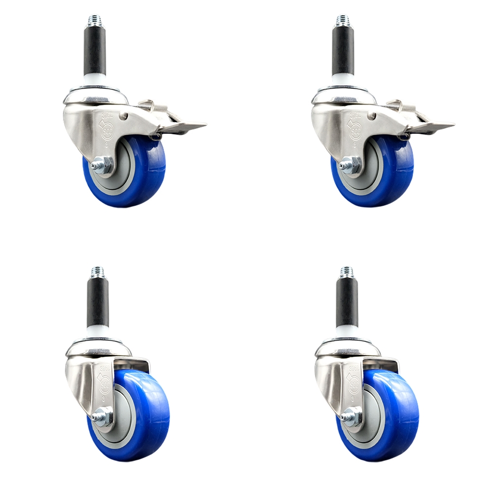 Polyurethane Swivel Stem Caster Set of 4 with 3.5 Inch Blue Caster Wheels - 7/8" Expanding Stem -316 Stainless Steel Casters-Includes 2 Swivel with Total Lock Brakes and 2 Swivel-Service Caster Brand — photo 1