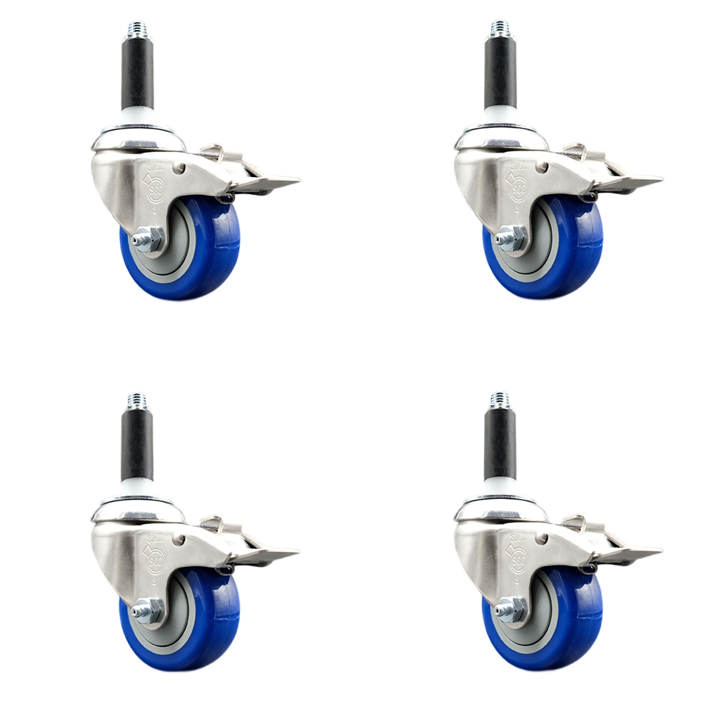 Polyurethane Swivel Stem Caster Set of 4 with 3.5 Inch Blue Caster Wheels - 3/4" Expanding Stems - 316 Stainless Steel Casters - Includes 4 Swivel Casters with Total Lock Brakes- Service Caster Brand — photo 1