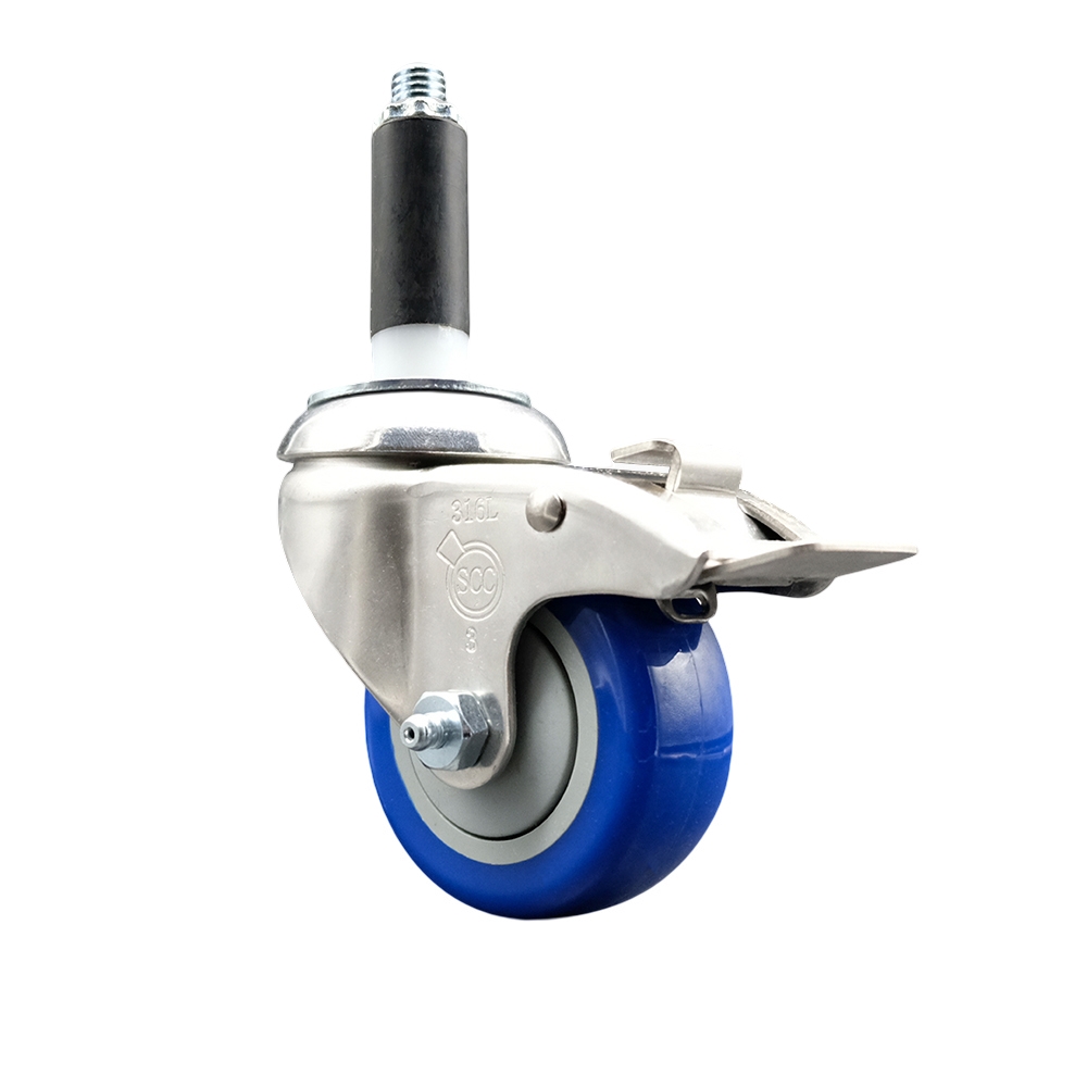 Polyurethane Swivel Stem Caster with 3 Inch Blue Caster Wheel and Total Lock Brake - 3/4" Expanding Stem - 316 Stainless Steel Caster - 300 lbs. Capacity Per Caster - Service Caster Brand — photo 1