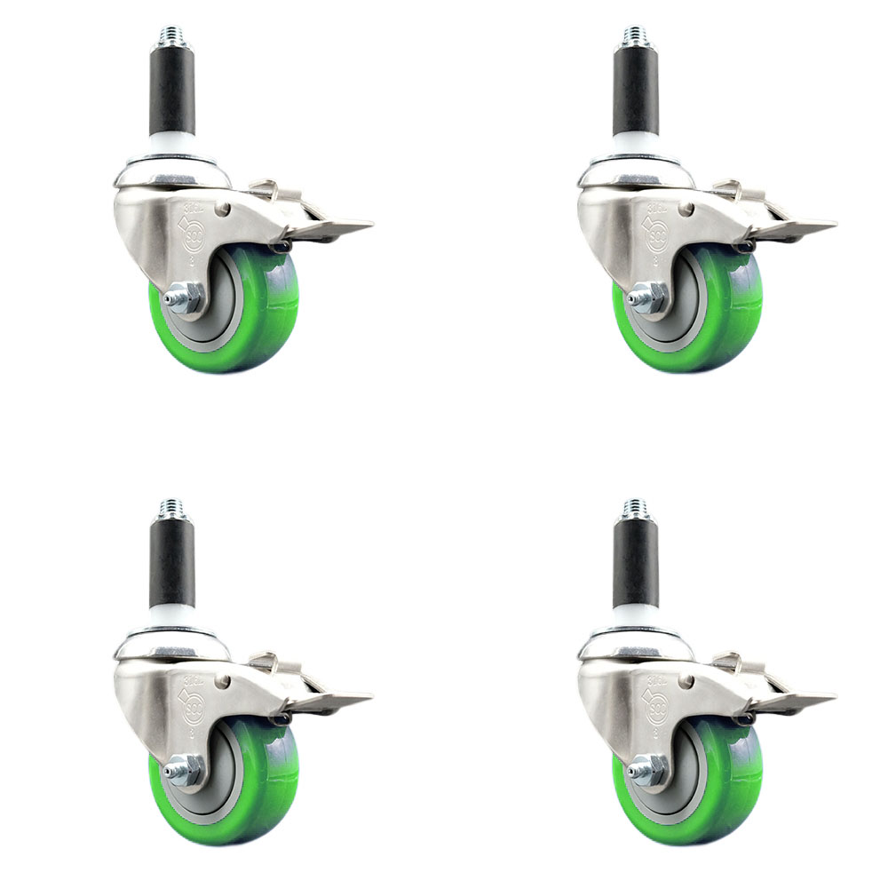 Polyurethane Swivel Stem Caster Set of 4 with 3 Inch Green Caster Wheels - 1" Expanding Stems - 316 Stainless Steel Casters - Includes 4 Swivel Casters with Total Lock Brakes- Service Caster Brand — photo 1
