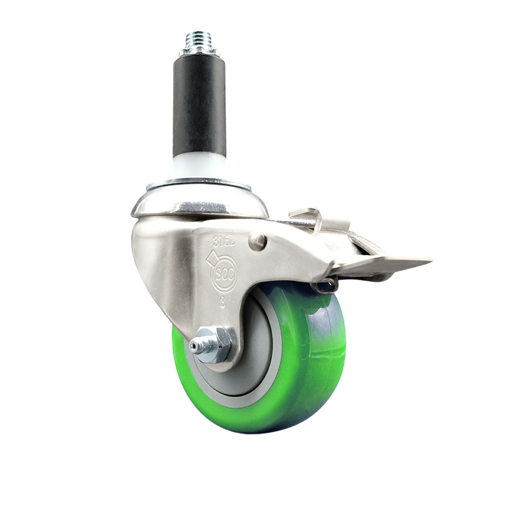 Polyurethane Swivel Stem Caster with 3 Inch Green Caster Wheel and Total Lock Brake - 1" Expanding Stem - 316 Stainless Steel Caster - 300 lbs. Capacity Per Caster - Service Caster Brand — photo 1