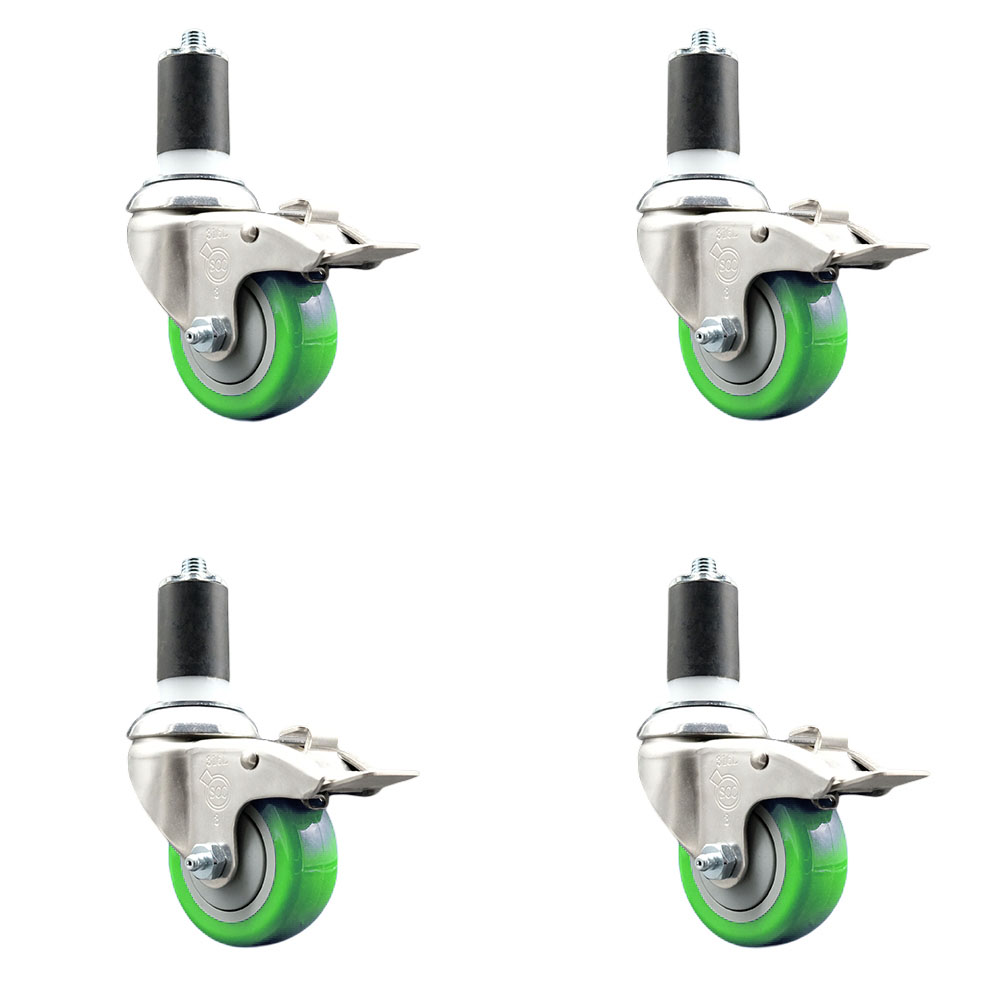 Polyurethane Swivel Stem Caster Set of 4 with 3 Inch Green Caster Wheels - 1-1/2" Expanding Stems - 316 Stainless Steel Casters - Includes 4 Swivel Casters with Total Lock Brakes- Service Caster Brand — photo 1