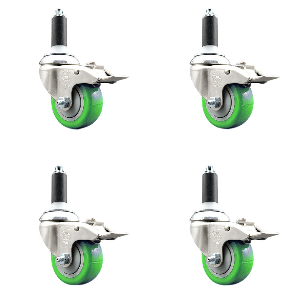 Polyurethane Swivel Stem Caster Set of 4 with 3 Inch Green Caster Wheels - 1-1/8" Expanding Stems - 316 Stainless Steel Casters - Includes 4 Swivel Casters with Total Lock Brakes- Service Caster Brand — photo 1