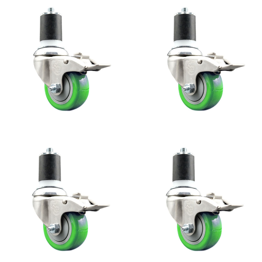 Polyurethane Swivel Stem Caster Set of 4 with 3 Inch Green Caster Wheels - 1-3/4" Expanding Stems - 316 Stainless Steel Casters - Includes 4 Swivel Casters with Total Lock Brakes- Service Caster Brand — photo 1