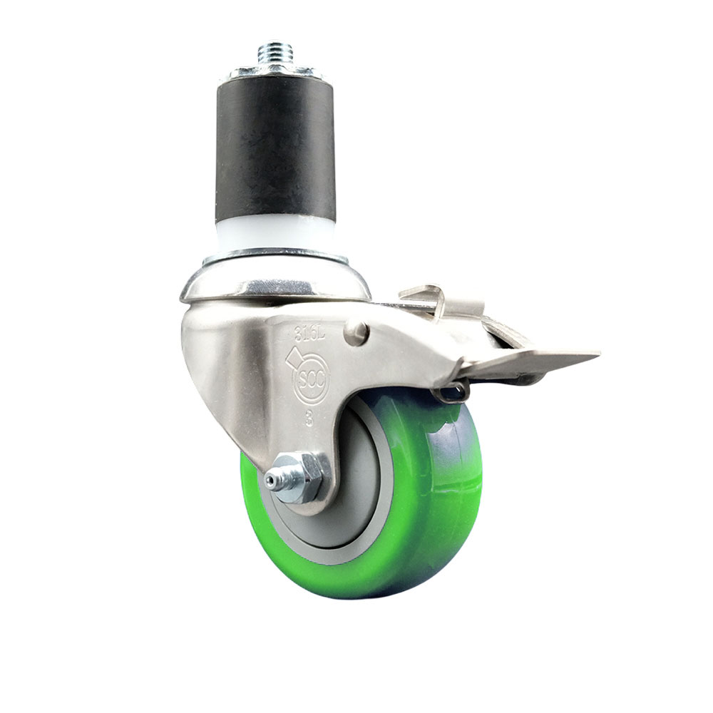 Polyurethane Swivel Stem Caster with 3 Inch Green Caster Wheel and Total Lock Brake - 1-3/4" Expanding Stem - 316 Stainless Steel Caster - 300 lbs. Capacity Per Caster - Service Caster Brand — photo 1