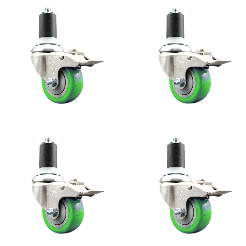 Polyurethane Swivel Stem Caster Set of 4 with 3 Inch Green Caster Wheels - 1-5/8" Expanding Stems - 316 Stainless Steel Casters - Includes 4 Swivel Casters with Total Lock Brakes- Service Caster Brand — photo 1